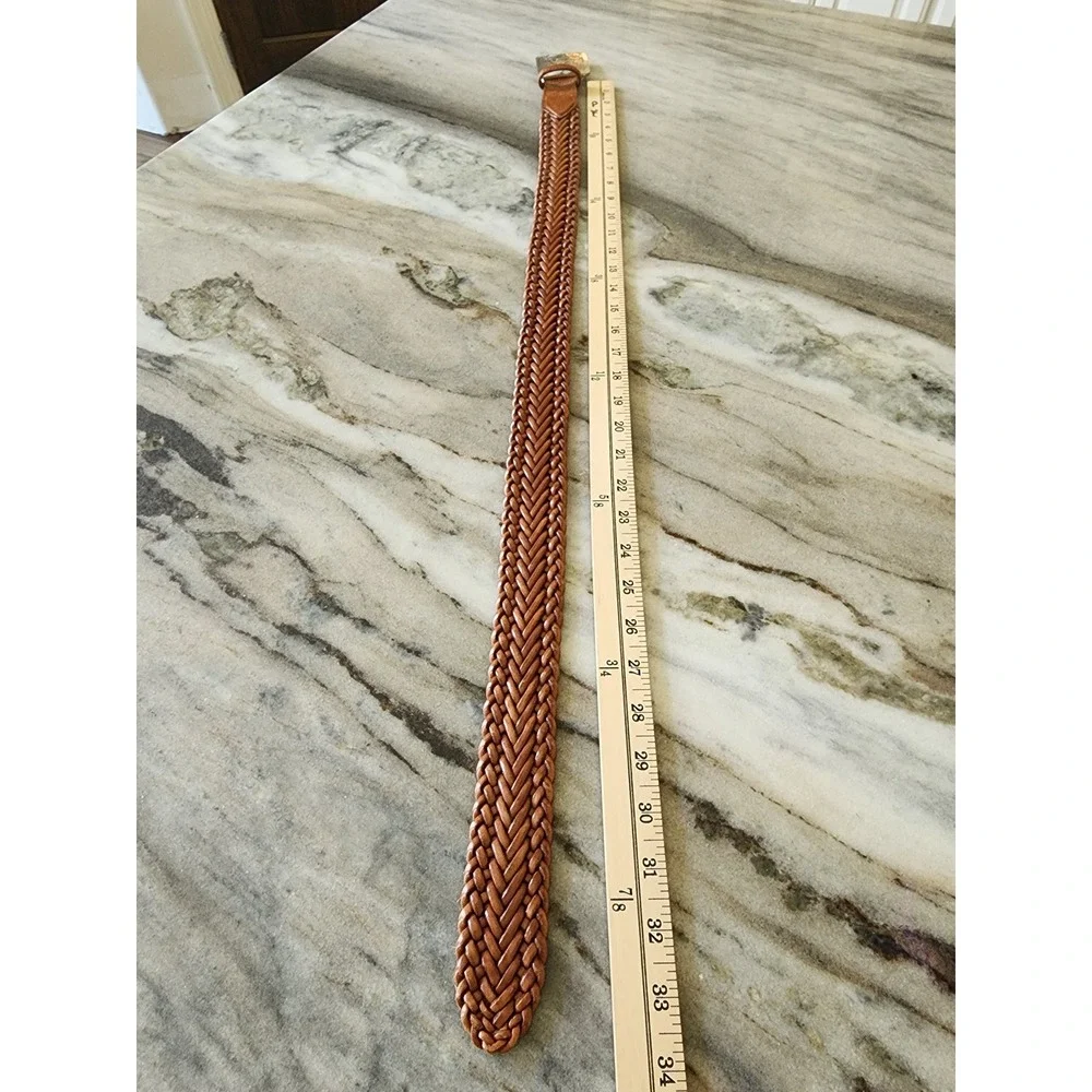 Cognac Brown Braided Leather Belt Silver Floral‎ Engraved Square Buckle Small 34